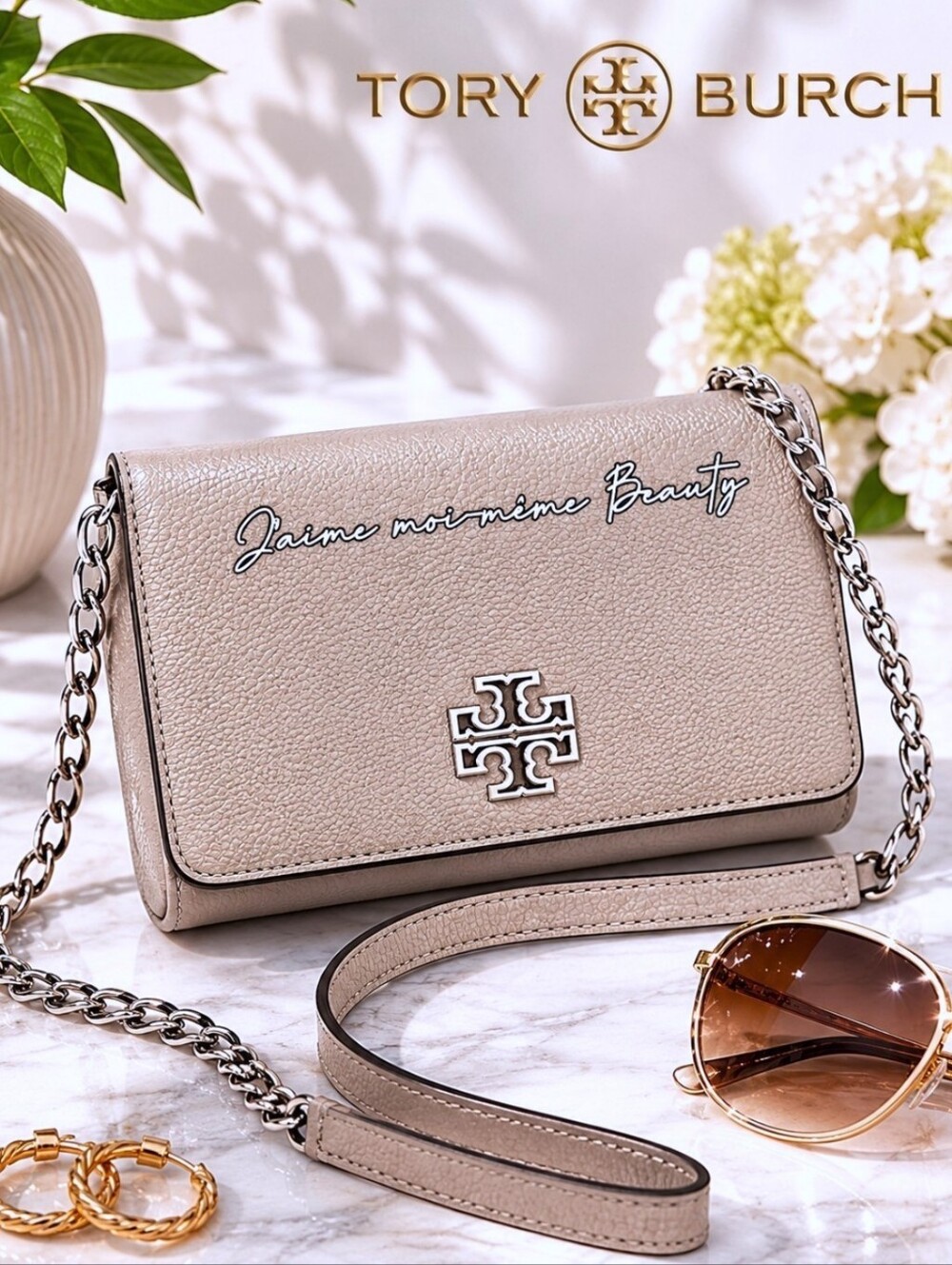Tory Burch Flap Bag With Silver Hardware Chain Strap French Gray Silver
